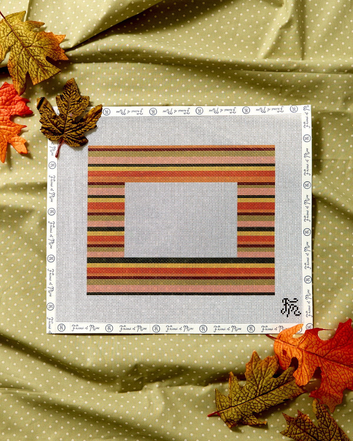Fall Stripe Frame needlepoint canvas styled with fall leaves